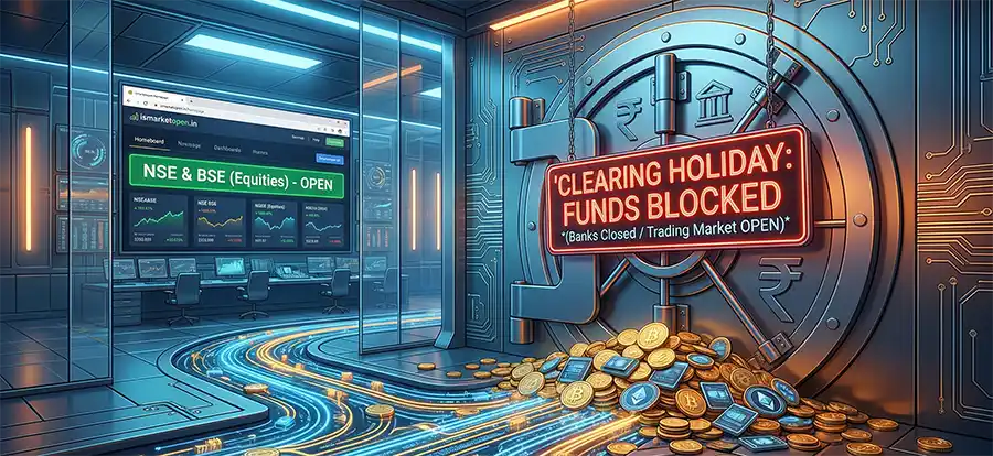 Bank vault showing funds blocked during NSE clearing holidays 2026