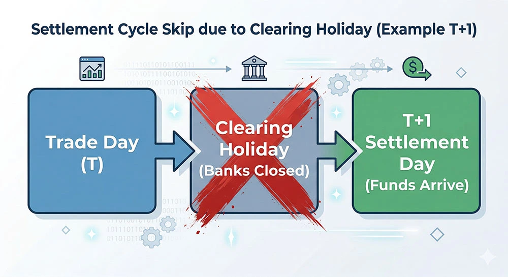 Flowchart explaining how a bank clearing holiday delays the T+1 stock market settlement cycle and fund withdrawals in India.